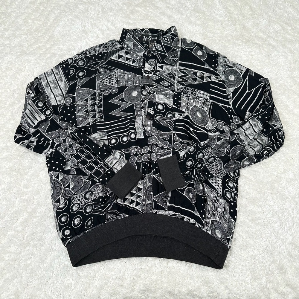 Alan Stuart Men's XL 17 17.5 Black White Geometric 90s VTG LS Shirt Button